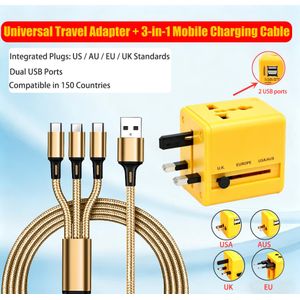 Universal Travel Adapter / Dual USB Wall Charger + 3-in-1 Data Cable