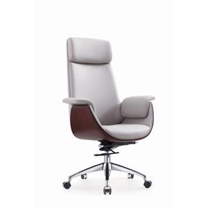 Luxury Executive Office Chair High Back - PU Leather, Wood Accent, Ergonomic, Swivel, Reclining, Chrome Base - Grey
