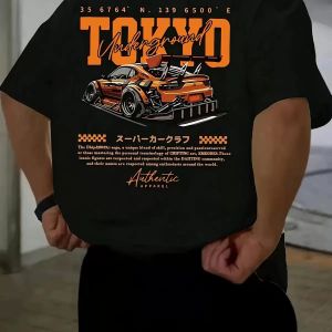 Men's Street Style: Tokyo Racing Print Short-Sleeve T-Shirt, Black, Loose-Fit Crew Neck Casual Top