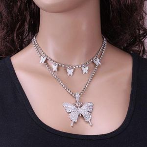 Crystal Butterfly Pendant Necklace Set Double Layer - Silver