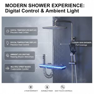 The Ultimate Digital Smart Shower Sanctuary integrated LED ambient lighting system, high-pressure rainfall showerhead, multifunctional handheld spray for targeted cleaning, and a sleek piano-key style control hub for effortless switching between modes