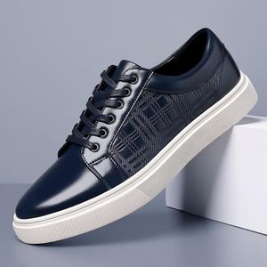 Banagat Men's Lace up Sneakers Shoes Monogram Print Patchwork Leather Casual Breathable Business Blue