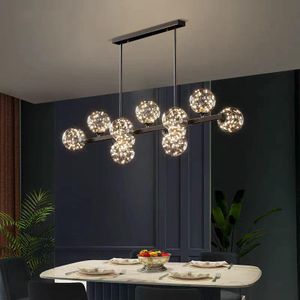 Arctic glow Nordic glass balls chandelier suspended on a matte black linear frame.