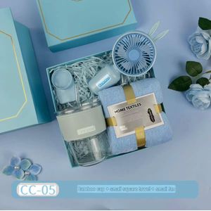 Luxury 3-in-1 Gift Box Set – Mini Hand Fan, Soft Face Towel & Glass Cup With Straw+Carrier bag 