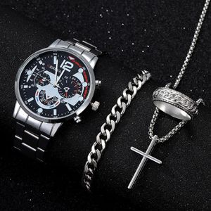4PCS Silver Wrist Watch for Men w/ Necklace Ring Bracelet Gift for Men