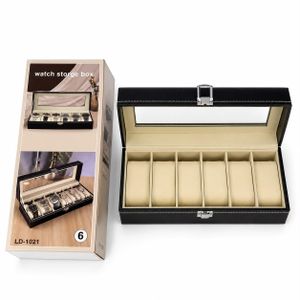Watches and More 6-Slot Luxury Watch Display & Storage Box with Glass Lid – PU Leather Organizer Case