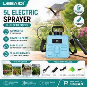 Blue Bear 5L Electric Sprayer with 120-minute runtime, suitable for agricultural use, disinfection, household spraying, and pesticide application.