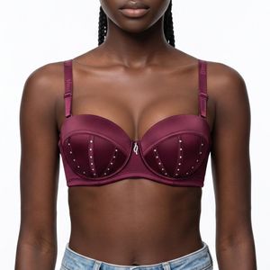 Binnys Elegant Burgundy Balconette Bras, Teardrop Rhinestone Pendant Solid Color Design Underwire Bra,Everyday Special Occasions Bras for Women 