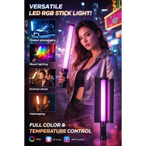 Rgb Led Light Professional CONTENT CREATOR FULL COLOUR Handheld Rechargeable Strobe Light Wand LED Video Lightning Ring RGBs Stick with Barndoor, 360°Full Color 2500K-10000K CRI94+ Photography Tube Lighting Stick for Creatives with 20 Preset Scenes