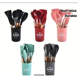12pcs Silicone Kitchen Utensil Set Khaki Non-Stick Cookware with Wooden Handles, Safe and Washable Modern Cooking Tools, Kitchen Gadgets