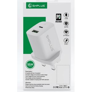 SHPLUS 55W Super Fast PD Speed Charger - Dual Port (USB + Type-C) - White