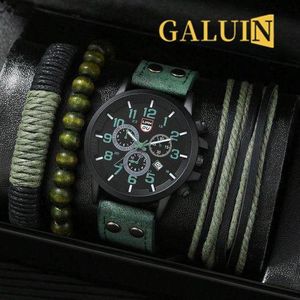 GALUIN Montre à trois yeux avec calendrier numérique, montre-bracelet en cuir décontractée et tendance pour hommes-Green