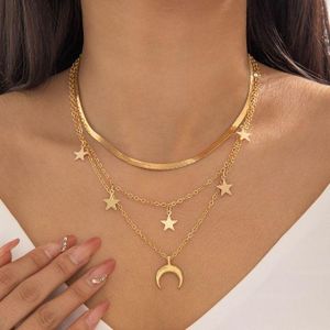 Women's Multi Layer Star Moon Snake Chain Choker Necklace, Trend Gold Plated Stacked Clavicle Jewelry For Ladies Daily Wear