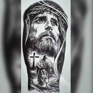 Men’s & Women’s Christian Faith Body Art – Crowned Jesus & Holy Cross Temporary Sleeve