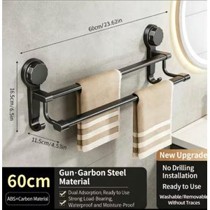 Clo Bathroom Double Bar Towel Rack, No-Drill Adhesive Installation, Heavy-Duty Carbon Steel + ABS Material, Punch-Free Wall-Mounted Towel Hanger for Bathroom, Kitchen, Double Bar Towel Shelf with Hooks, Modern Design Style with a Frosted Texture