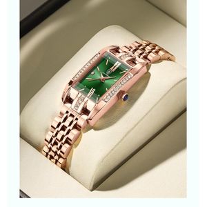 POEDAGAR High Quality Female Water Resistant Rhinestone Wristwatch Rose gold With Green Face