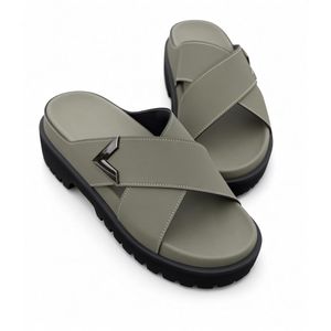 Fabian Men's Genuine Leather Cross-Strap Chunky Platform Slides Casual Slippers - Olive Green