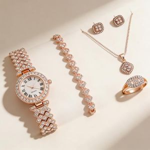 Women Rose Gold Watch Jewelry Set Crystal Wristwatch Bracelet Necklace Earrings Ring Gift Set for Daily Wear Party Wedding