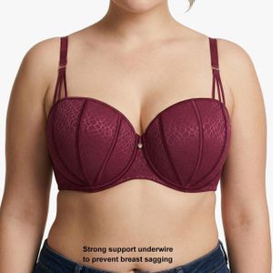 Binnys Luxury Burgundy Jacquard Push Up Support Bra,with Chest Straps Row Hooks Adjustable Straps,  Demi-cup Non-removable Pads Underwire, for Special Occasions,  Plus Size E Cup Bra