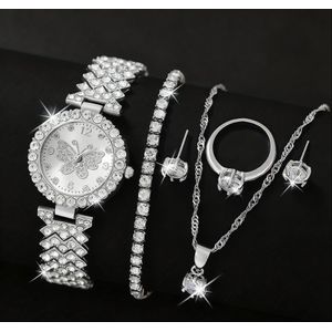 6PCS Silver Wrist Watch for Women, Necklace, Bracelet, Ring, Earrings