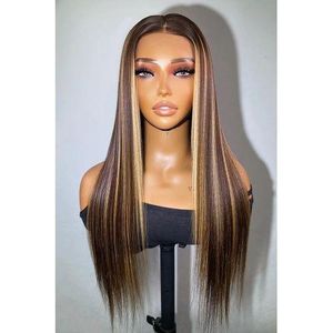 Lace Closure Brown Wig With Blonde Highlights Bone Straight - 20'' / 180% / HD Swiss Lace