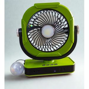 Solar+ Rechargeable+ Battery Table top Rotating Fan wiith LED lights and Light Bulb-GREEN