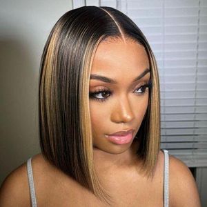 WOWANGEL Highlight Straight Short Bob Wig HD Lace Closure Glueless Wig - 12inches