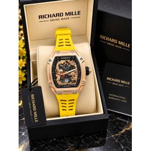 Steel Luxury Men's Gold & Yellow Skeleton Automatic Chronograph Wristwatch with Gift Box