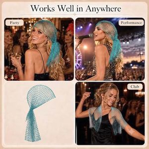 Rhinestone Mesh Scarf Sparkly Wide Head Scarfs Crystals - Blue