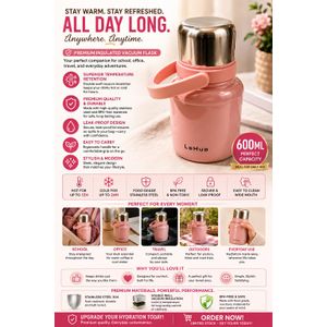 LeHua Premium Baby Food Flask Insulated Vacuum Thermos For Paps, Tea and water – 600ml Large Capacity Hot & Cold Flask with Handle – Pink