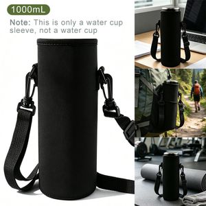 Black Neoprene Water Bottle Carrier Bag, 1000ml/34oz Insulated Water Bottle Holder with Adjustable Shoulder Strap, Fits 8-8.5cm Diameter Bottles for Outdoor, Hiking, Travel