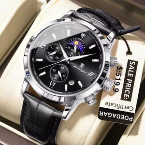 POEDAGAR High quality black leather strap with black face watch for men 