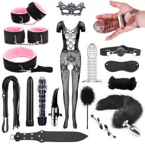 Complete Set 18pc BDSM Restraint Kit Set Cuffs Blindfold Rope, Whip, Collar
