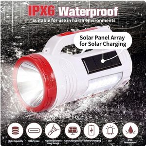 Solar Rechargeable LED Flashlight, Handheld Torch High Power 8000 Lumens Dual Light Source Spotlight Floodlight IPX6 Waterproof Portable Camping Emergency Outdoor Use