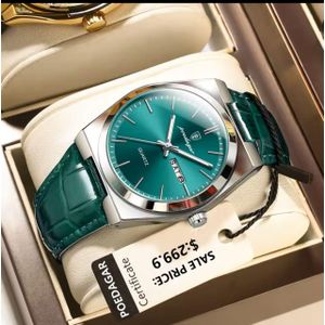 POEDAGAR Men's Water Resistant Wristwatch Green Leather With Green Face