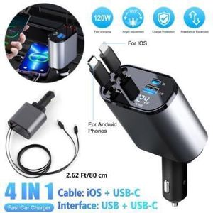 120W Retractable Fast Car Charger – 4-in-1 Mobile Charging Adapter with Dual USB Ports, USB-C & Lightning Cables