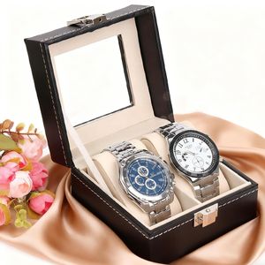 2 Slots PU Leather Watch Box Jewelry Wrist Slot Luxury Removable Pillows With Glass Lid