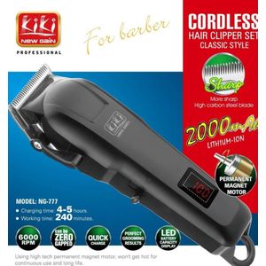 Clipper Kiki New Gain NG-777 Cordless Hair Clip for Barbers, 6000RPM, 2000mAh Battery, LED Display, Zero Gap - 4Hrs Runtime