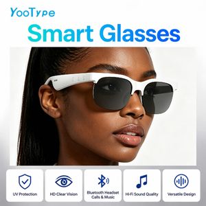 YooType Fashion Smart Bluetooth Audio Glasses Open‑Ear Wireless HIFI Sunglasses, Dual Speaker Touch Control, Built‑in Mic Voice Assistant, Bluetooth5.4 USB‑C Charging, Unisex Men & Women,White Frame Tinted Lens