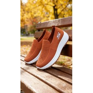 Women's Slip-On Walking Sneakers - Breathable Knit Casual Comfort Shoes - Brown