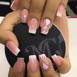 24Pcs/Box Pearl Fake Nails Press On Nails Short Square Head French Tips  Nail Set Press On Nail With 24Pcs Sticker Nail Art - AliExpress