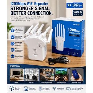 AC1200Mbps WiFi Repeater Extender Signal- Booster Dual Band 2.4GHz 5GHz Wireless Router With 6 Antennas Ethernet Port 360 Degree Home Network Coverage Internet Range Extender