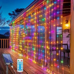Upgraded Solar Curtain 300 LED Waterfall Light with 8 Modes Remote USB Rechargeable Dimmable Timer