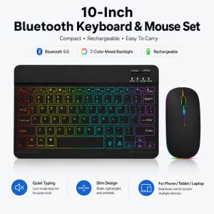 10-Inch Wireless Bluetooth Keyboard and Mouse Combo,Ultra-Slim Rechargeable Backlight Keyboard and Ultra-Thin Dual-Mode Wireless Mouse,7-Color Light,flexible keyboard for android,ios,phones,tablets,iPads,laptops and desktop computers,external keyboard