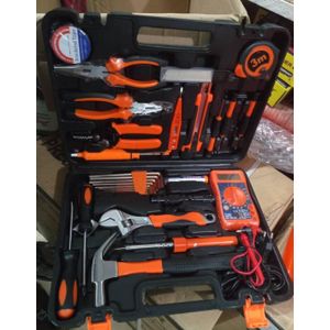 45-Piece Household & Electrician Tool Kit with Digital Multimeter, Soldering Iron, Pliers, Hammer, Tape Measure in Plastic Case