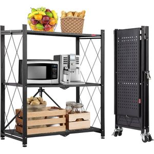 4-Tier Foldable Metal Storage Rack Shelf – Heavy Duty Kitchen Organizer, Microwave Stand, Multipurpose Storage Shelving Unit with Wheels
