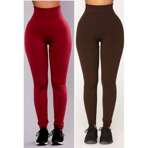 2Prs High Waist Fleece Lined Leggings - Wine & Brown