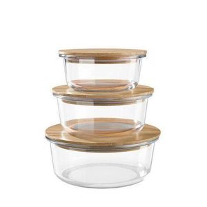 Glass Food Storage Containers with Wooden Lids -Set of 3 Pcs