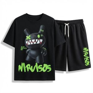 ZARSYN 2-In-1 Men's Graphic Tracksuit - Trendy Cartoon Print Short Sleeve T-Shirt & Shorts Set - Casual Streetwear Outfit for Youth - 2 Piece Activewear Pack