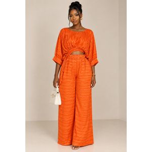 Women's 2-Piece Orange Pleated Loungewear Resort Set – Kimono Wrap Crop Top and Wide-Leg Lounge Pants Homewear Set